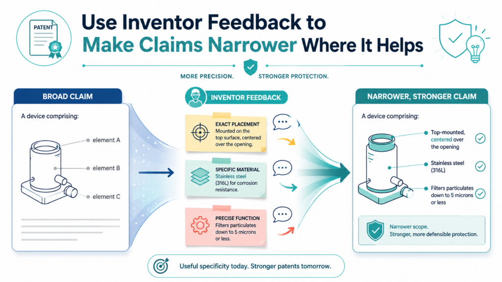 It may sound strange, but better patent claims are not always broader. Sometimes inventor feedback shows that a claim should be narrower in a specific way.