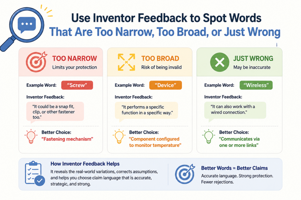 Words matter in patent claims. A single word can change the reach of a claim. It can make the claim clearer, narrower, broader, or more confusing. Inventor feedback is vital because inventors know whether the words match the technology.