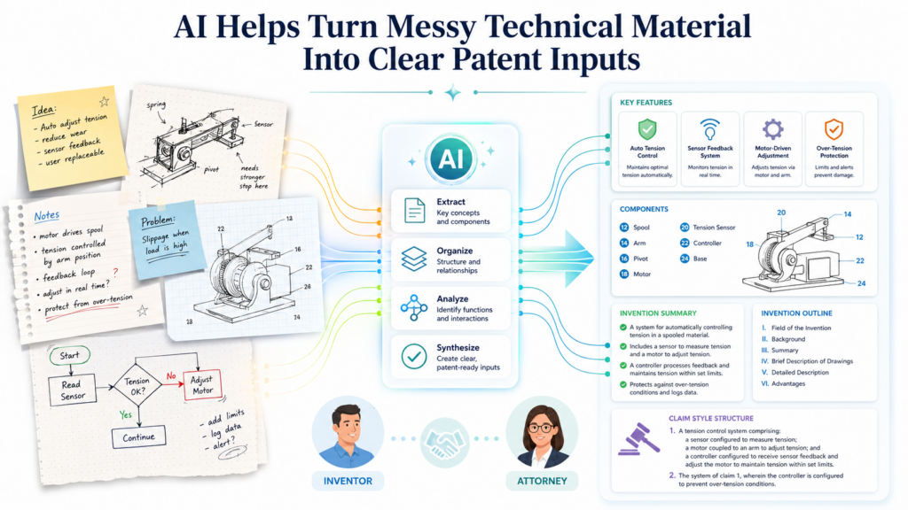 Inventors rarely create invention material in a clean format. They create code, tickets, sketches, test notes, model logs, user flows, API docs, design reviews, and product roadmaps.