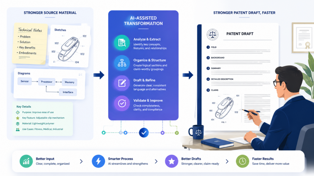 A patent draft is only as strong as the thinking behind it. The attorney’s skill matters a lot. But the quality of the source material also matters. If the attorney has a rich, clear, detailed record of the invention, the draft can be more complete.