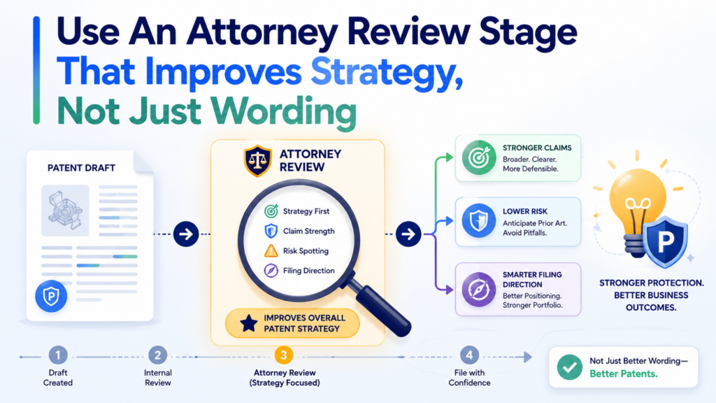Attorney review is not just a legal checkpoint. It is where the patent draft becomes stronger, sharper, and more useful for the business. A good attorney does far more than fix formal language.
