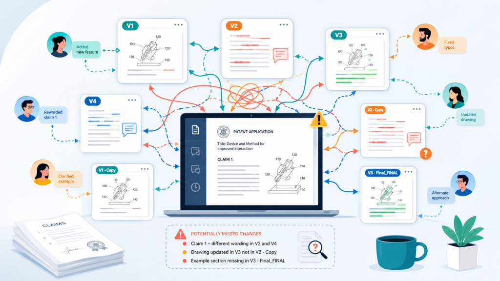 Patent draft version control breaks down because a patent draft is not a normal document. It is not like a short memo, a pitch deck, or a product note.