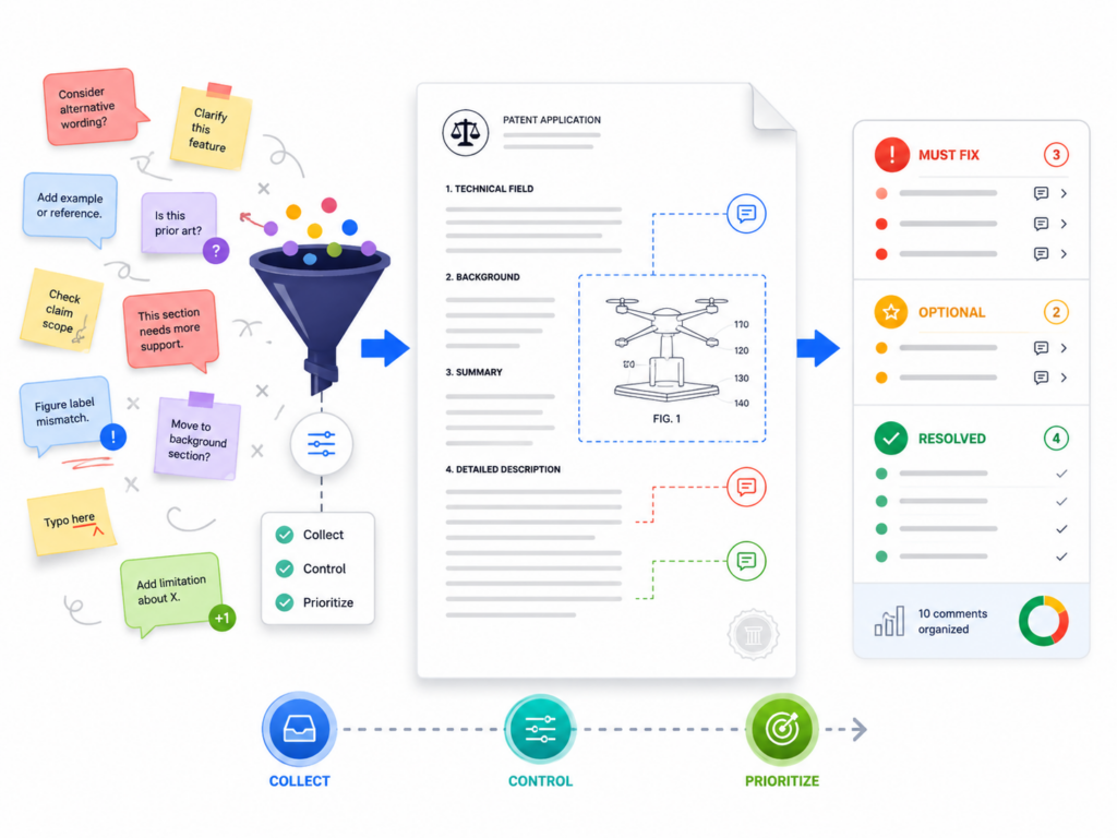 Comments are helpful until they become a mess. In a patent draft, comments can hold key facts, hard questions, strategy notes, claim ideas, figure issues, and founder concerns.