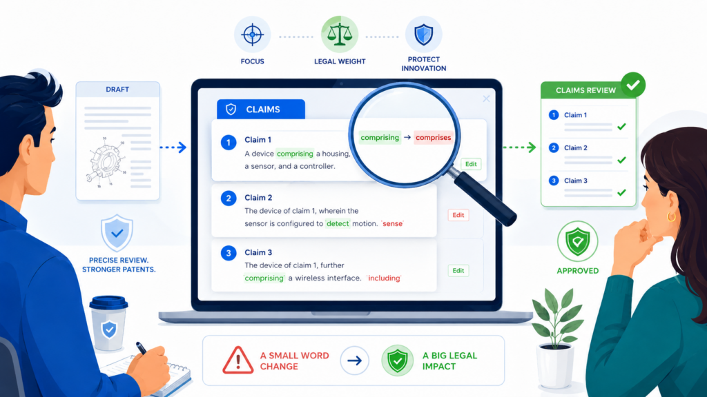 Claims need special version control. They are often the most carefully shaped part of a patent draft, and small changes can have large effects. A single word can narrow the idea too much.
