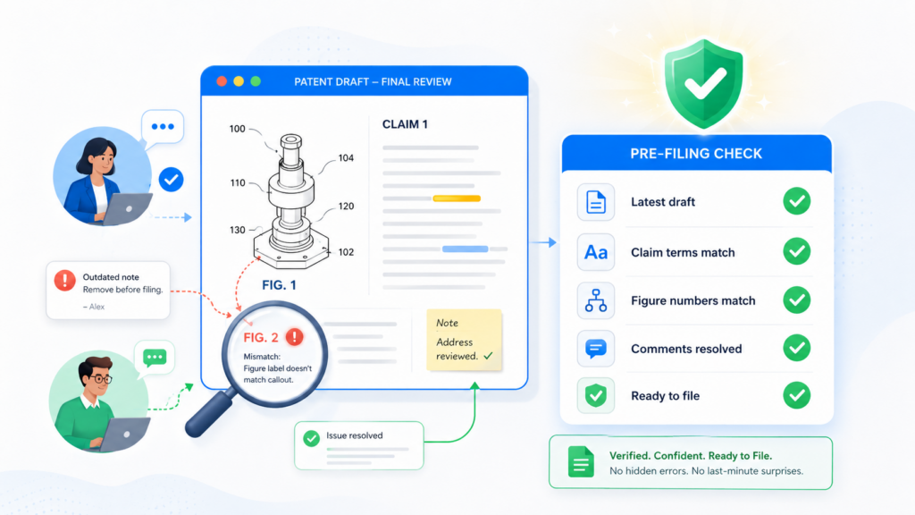 The pre-filing check is where version control proves its value. This is the moment when the team confirms that the draft, figures, claims, comments, and filing materials all match.