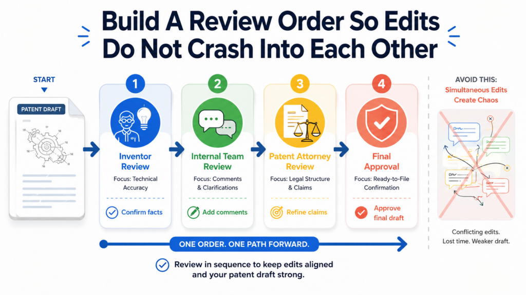 Patent draft review should not feel like a crowd pushing through one small door. When too many people edit at the same time, the draft gets noisy. One person may rewrite a section while another person comments on the old wording.