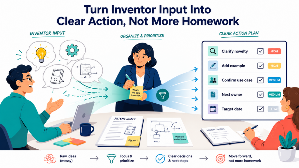 The best patent review meetings turn live discussion into clear action. They do not end with a vague request for more information.