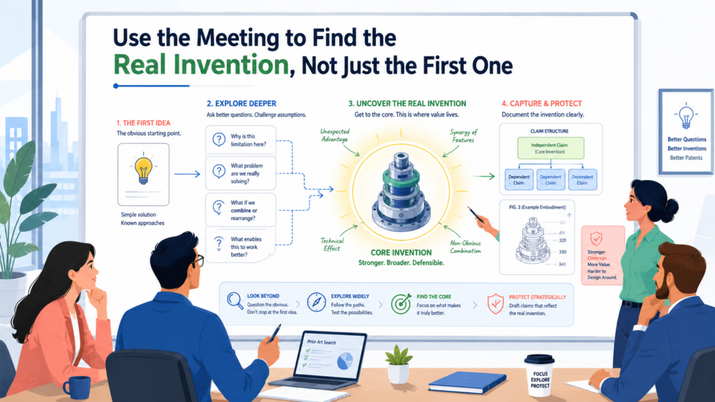 The first idea brought into a patent review meeting is not always the real invention. It may be the visible feature, the customer-facing result, or the part that sounded most exciting in a product update. But the strongest patent idea may be underneath it.