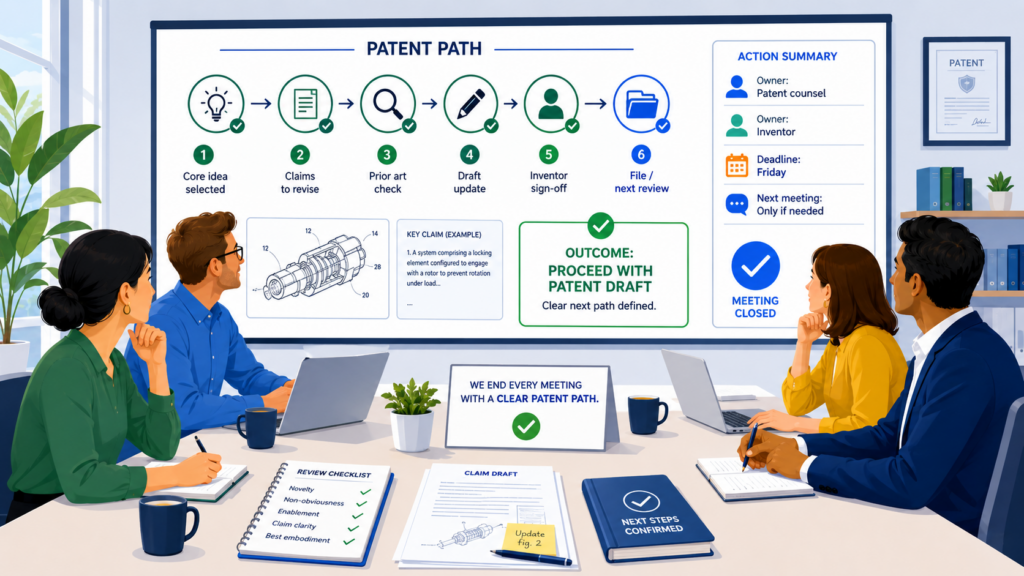 A patent review meeting is not done when people stop talking. It is done when the next path is clear.