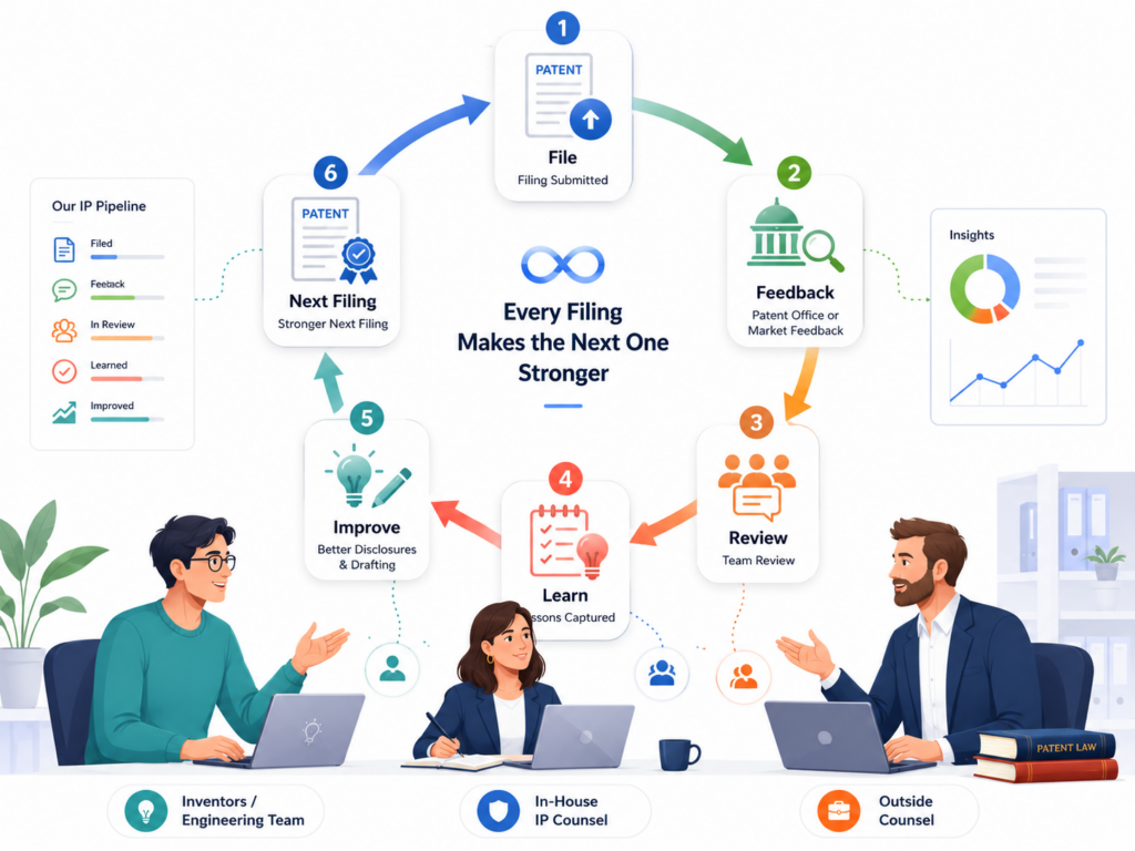 Great IP teams do not treat each patent filing as a one-time event. They use each matter to improve the next one. Every invention disclosure, interview, draft, filing, and office action gives the team data. 