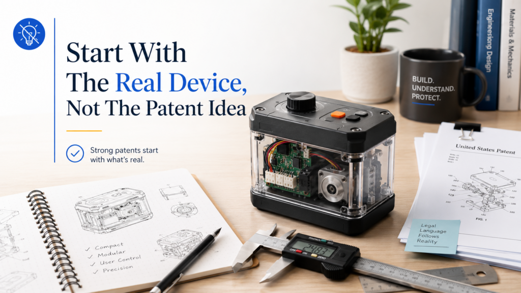 A strong hardware patent starts with the real thing the inventor built or plans to build. Not the pitch deck. Not the product name. Not the broad idea. The real device.