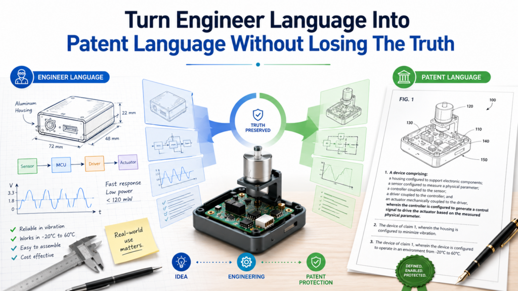 Inventors and attorneys often speak different languages. Engineers speak in parts, tests, tolerances, boards, housings, signals, loads, failure modes, and build steps.