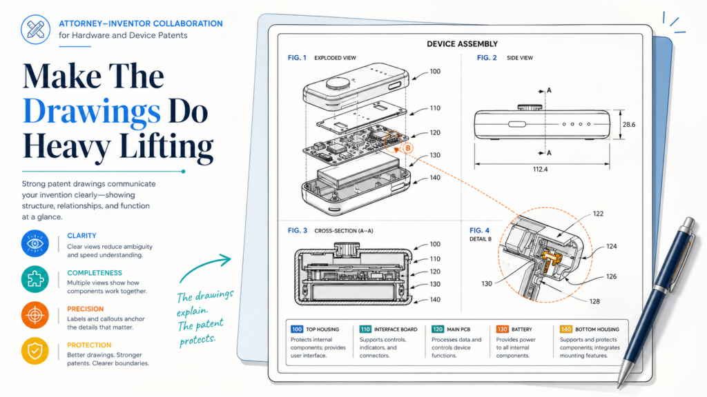 For hardware and device patents, drawings are not decoration. They are part of the protection strategy. A clear drawing can show the device in a way that makes the written description stronger, easier to read, and easier to support later.
