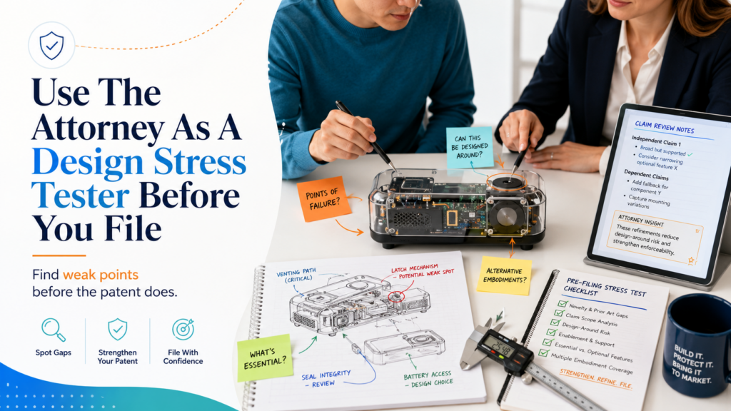 A good patent attorney does more than write. For a hardware or device patent, the attorney should also stress test the invention story before anything is filed.