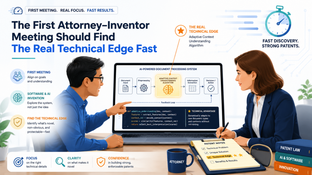 The first real patent meeting should not be a slow legal interview. It should feel like a focused product and engineering review with one goal: find the part of the invention that creates business power.