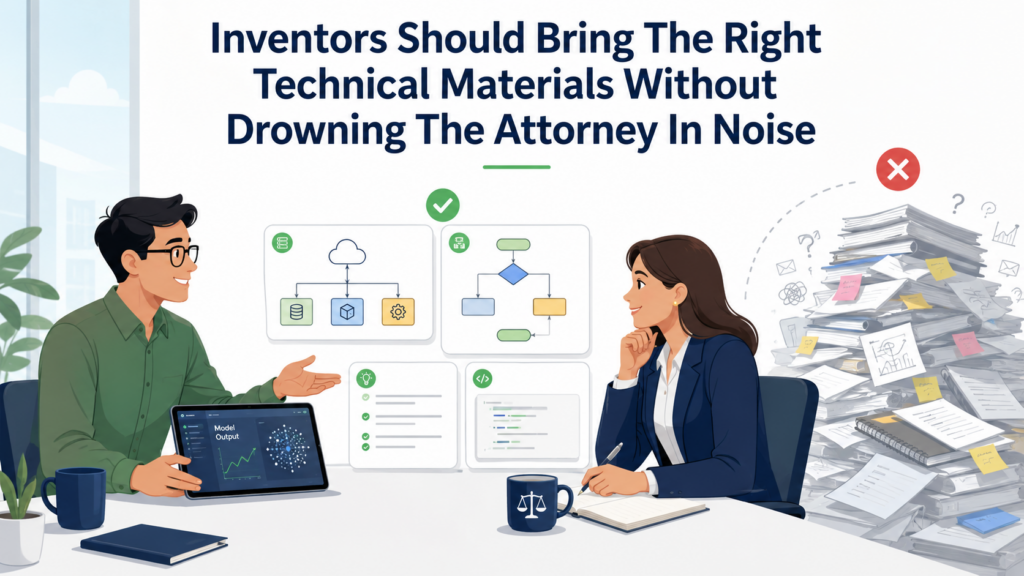 The best patent work happens when the attorney gets enough technical detail to understand the invention, but not so much random material that the real point gets buried.