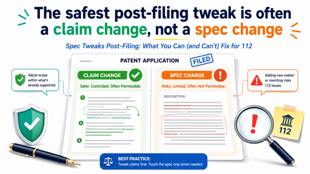 When a 112 issue appears, many people want to edit the spec first. That can be the wrong instinct. Often, the cleaner move is to amend the claims so they fit the spec that already exists.