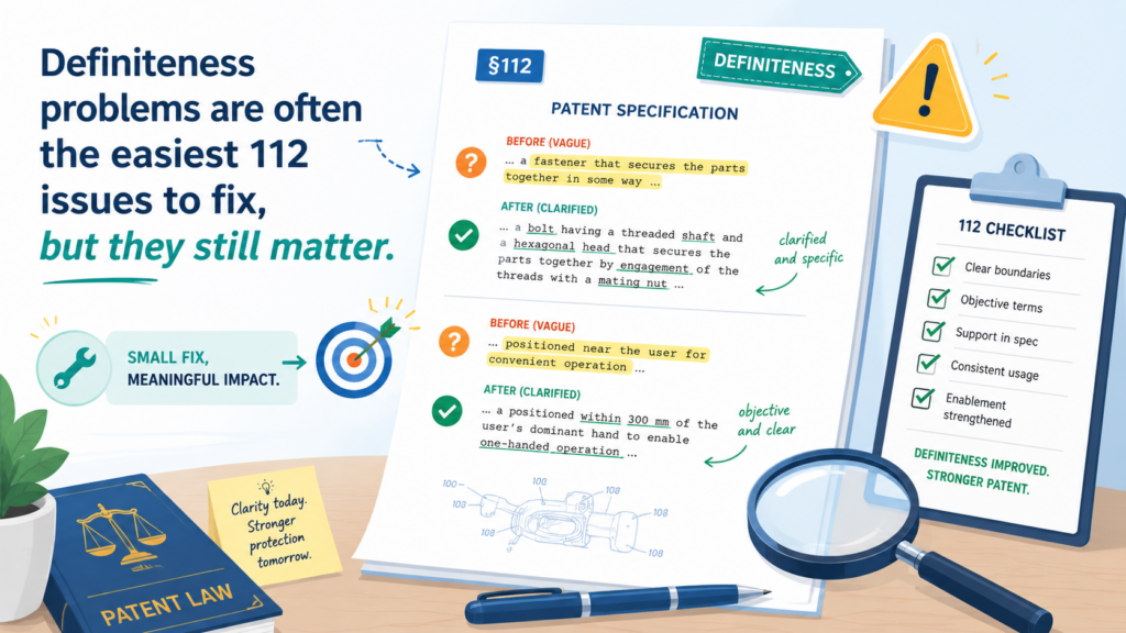A definiteness issue means the examiner thinks the claim is not clear enough. Under 35 U.S.C. 112(b), claims must point out and distinctly claim what the inventor regards as the invention.