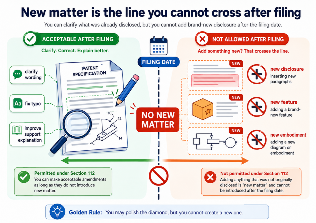 New matter is the hard stop. If the technical detail was not in the application as filed, you generally cannot add it later to that same application.