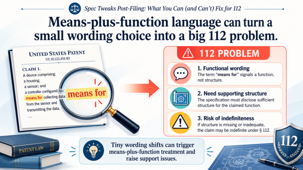 Some claim words look harmless, but they can pull the claim into a special rule under 112(f). This often happens when a claim uses words like “means for” or uses a vague placeholder word that only says what something does, not what it is.