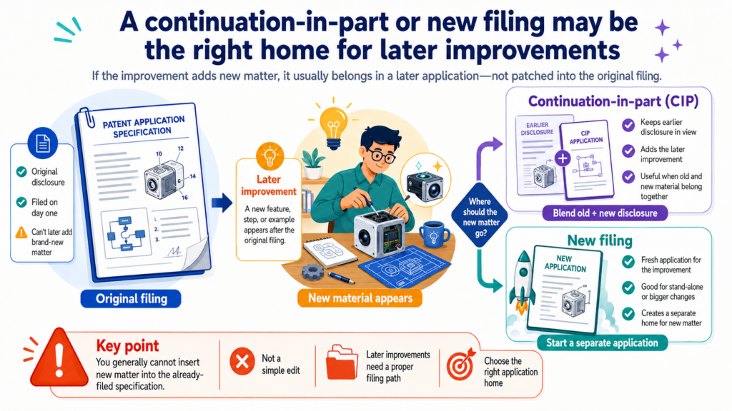 When the team built something after the filing date, that later work may be valuable. It may even be the best part of the product now. But if it was not in the original application, it may need its own filing path.