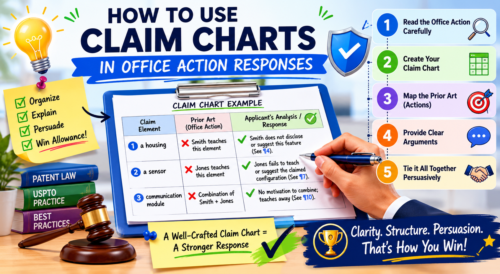 Learn how to use claim charts in Office Action responses to explain claim support, compare prior art, and make patent arguments clearer and stronger.