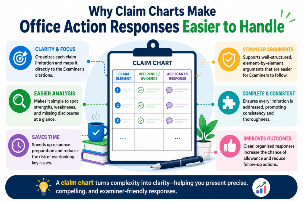 A claim chart helps you slow the Office Action down. That matters because an Office Action is often packed with many moving parts.