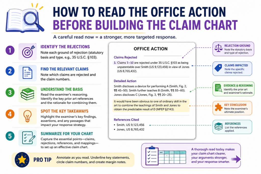 Before you build the chart, you need to read the Office Action with the right mindset. Do not read it like a defeat.