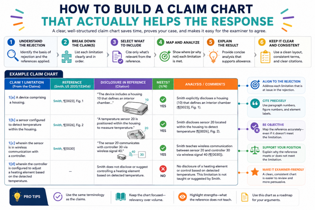 A useful claim chart is not just a table. It is a thinking tool. It helps you see what the claim says, what the examiner thinks the old reference shows, and where the real difference sits. When the chart is done well, the response almost starts to write itself.