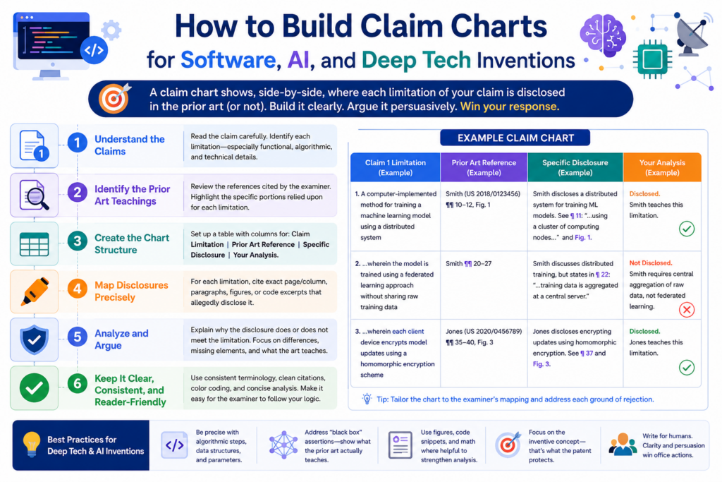 Software, AI, and deep tech inventions need extra care in claim charts because the real invention is often hidden inside the flow.
