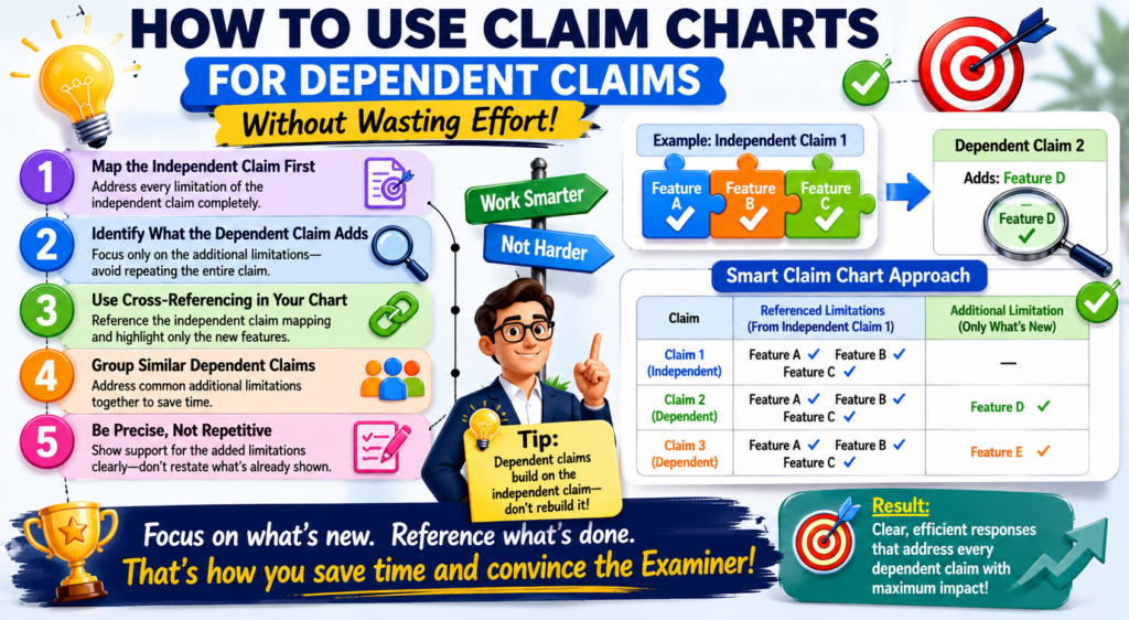Dependent claims are often where good response options hide. They may include extra details that were added to protect fallbacks.