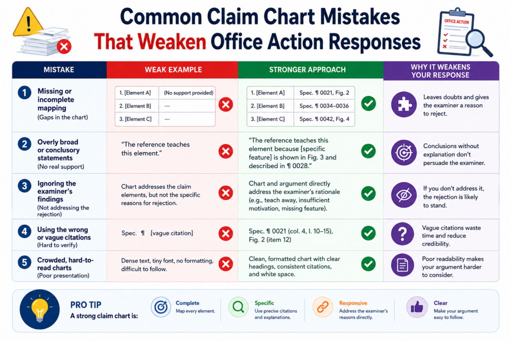 A claim chart can make an Office Action response much stronger, but only if it is built with care. A weak chart can do the opposite. It can hide the best argument, confuse the team, or push the response toward a bad amendment.