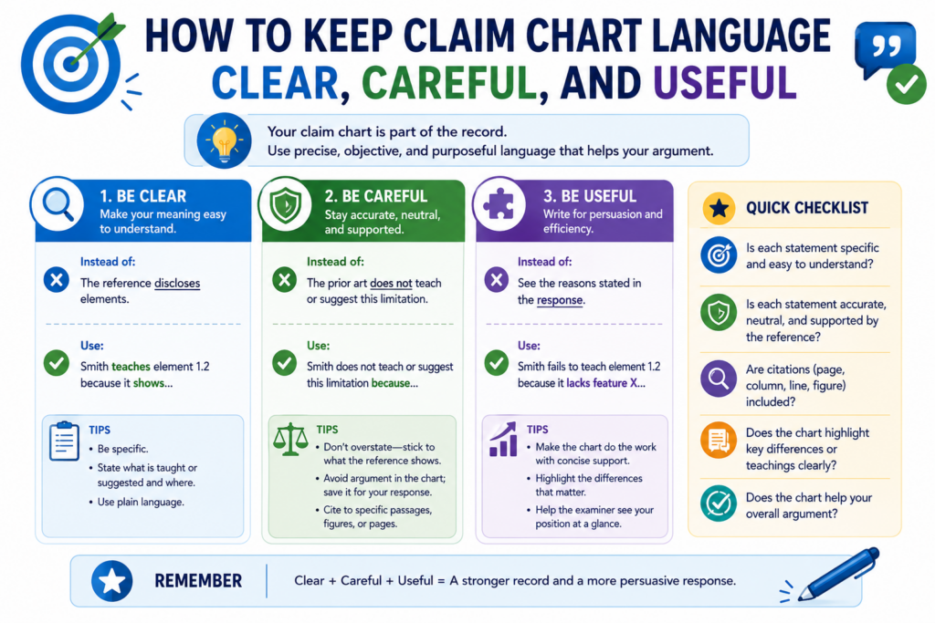 The words used in a claim chart matter. They do not need to sound fancy, but they should be careful.