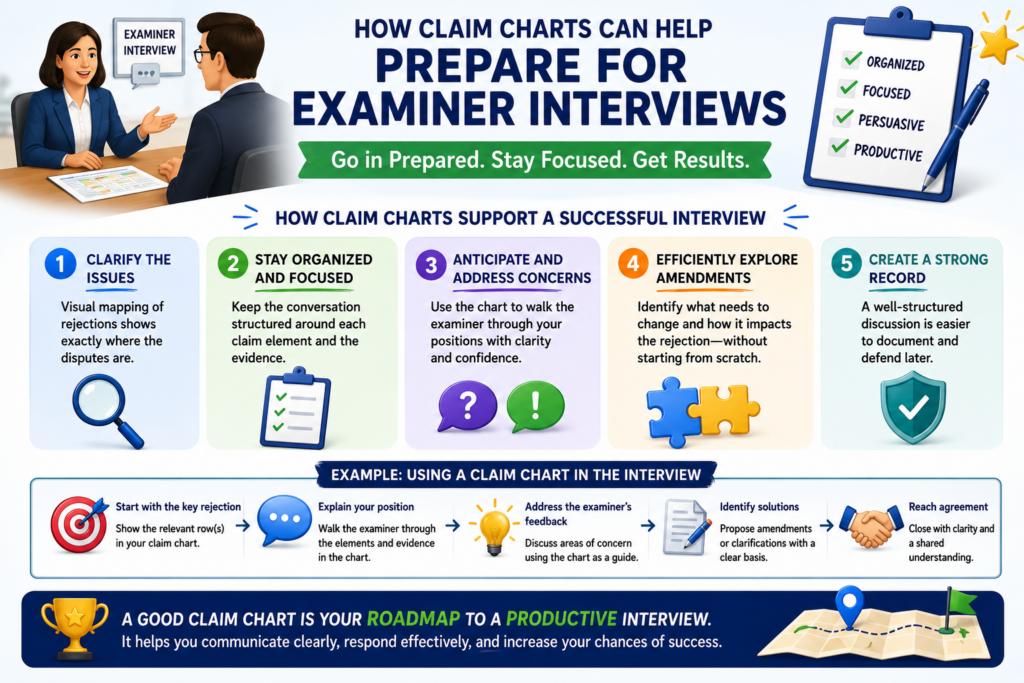 An examiner interview can be a useful way to move a case forward. It gives the attorney a chance to talk with the examiner, explain the invention, and test possible amendments or arguments.