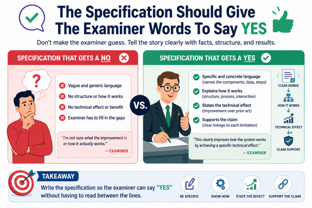 A patent examiner has to read the claim and apply the eligibility rules. The easier the application makes that job, the better.