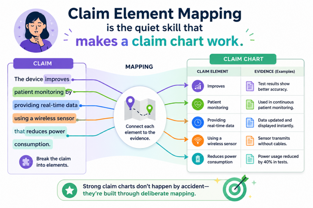 A claim chart can look neat and still be weak. It can have rows, notes, screenshots, labels, and long text, yet still fail to show the real match between the claim and the product.