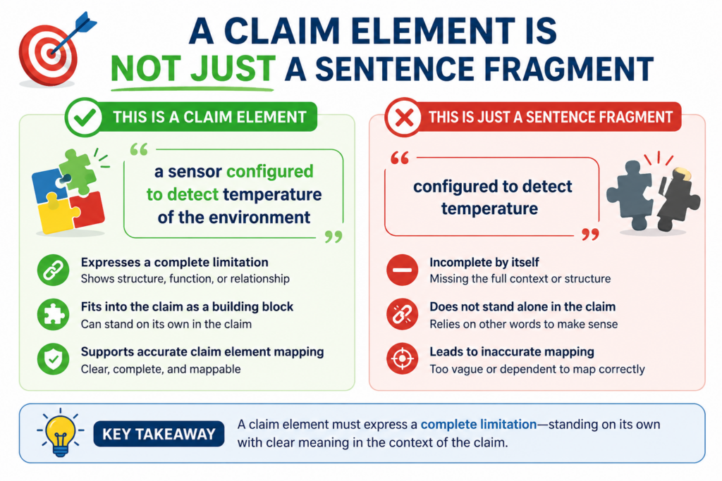 A claim element is a part of a patent claim that needs its own proof. It may be a full step, a feature, a connection, a data action, a hardware part, or a software function.