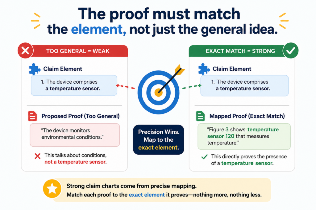 One of the biggest mistakes in claim charts is using proof that only shows the general product, not the exact claim element. This may make the chart look full, but it does not make it strong. A strong chart needs proof that lands on the point.