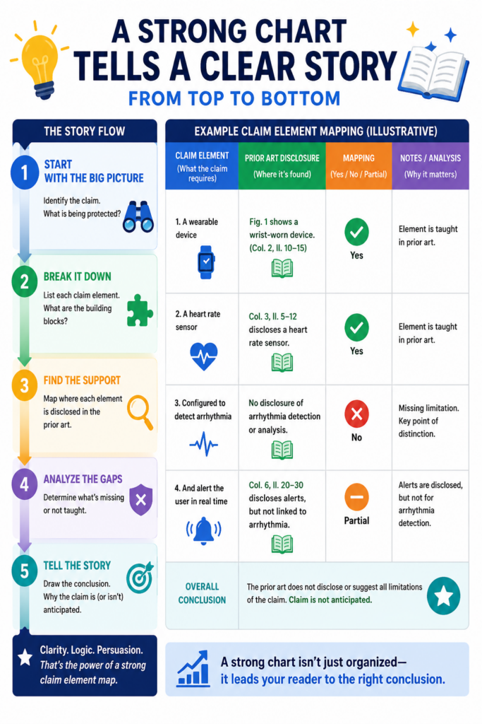 A claim chart is not a blog post, but it still tells a story. The story is simple: this claim requires these things, and here is where each thing appears.