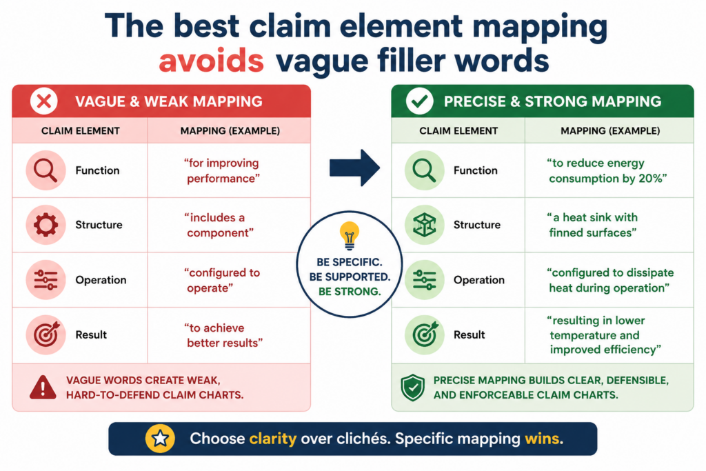 Vague words make a claim chart weaker. Words like “appears to,” “may,” “possibly,” “seems,” and “generally” can be useful when the facts are not fully known, but they should not be used to cover a weak match.
