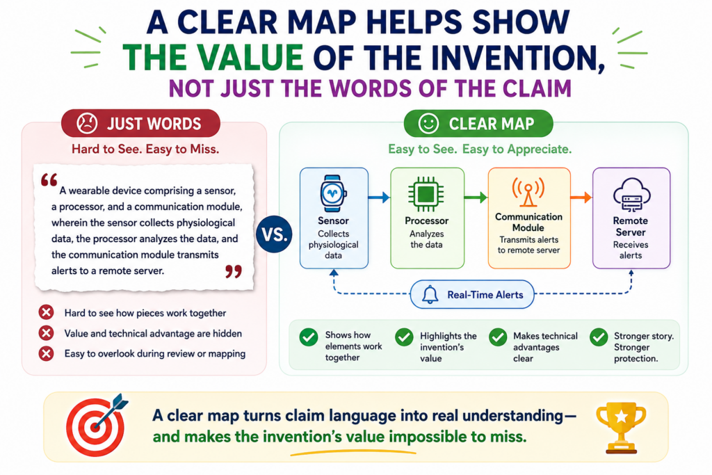 Claim element mapping is not only about proving that a claim reads on a product. It also helps show why the invention matters. When each element is mapped with care, the chart can reveal the technical value inside the claim.