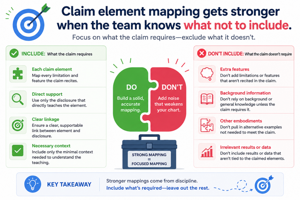 A strong claim chart is not a dumping ground. It should not include every screenshot, every product line, every feature note, or every possible clue. Good mapping is selective.