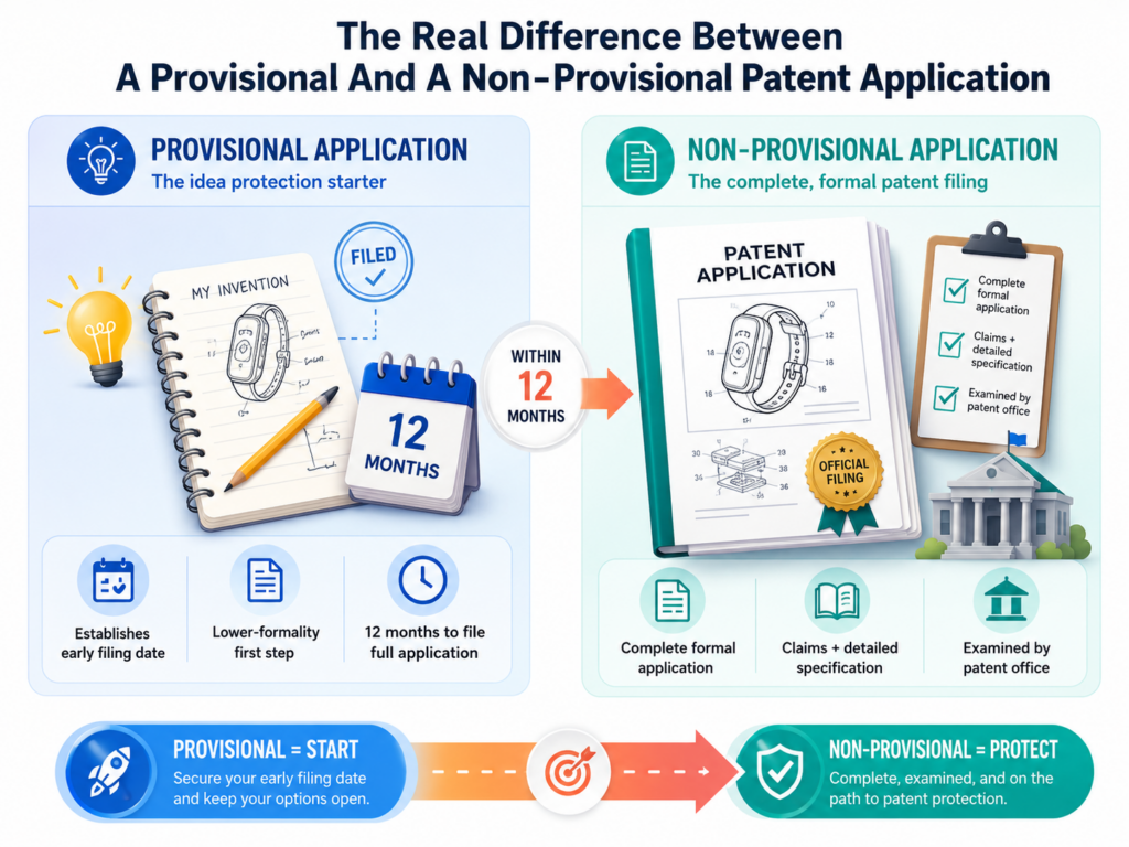 A provisional patent application and a non-provisional patent application are not two versions of the same thing.
