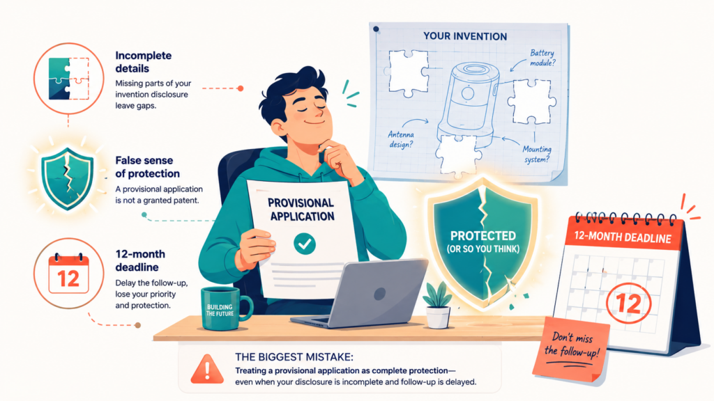 The biggest mistake founders make with provisional applications is filing something too thin and believing they are fully protected. A provisional application can be powerful, but only when it describes the invention well.