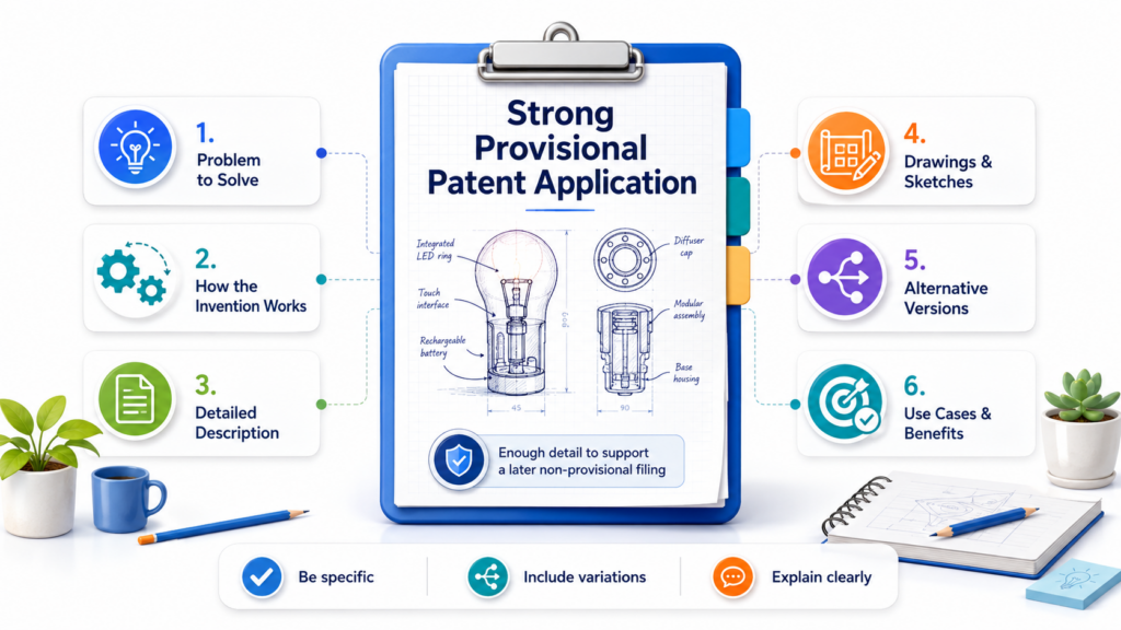 A strong provisional patent application should describe the invention as if the future of the company may depend on it. That does not mean it has to be written in dense legal language. It means it should be complete, clear, and technical enough to support later claims.