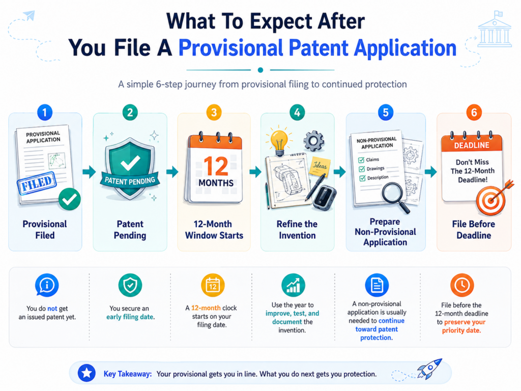 After you file a provisional patent application, you can generally use the phrase “patent pending” for the invention described in the filing. That phrase can help in conversations with investors, partners, customers, and potential competitors.