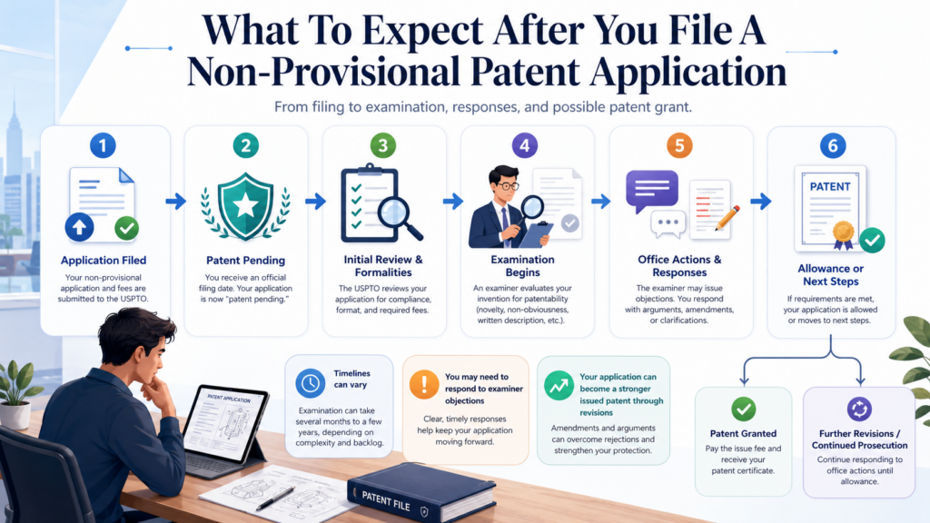 After you file a non-provisional patent application, the formal patent process begins. This is different from a provisional filing. The application enters the USPTO system as an application that may be examined.