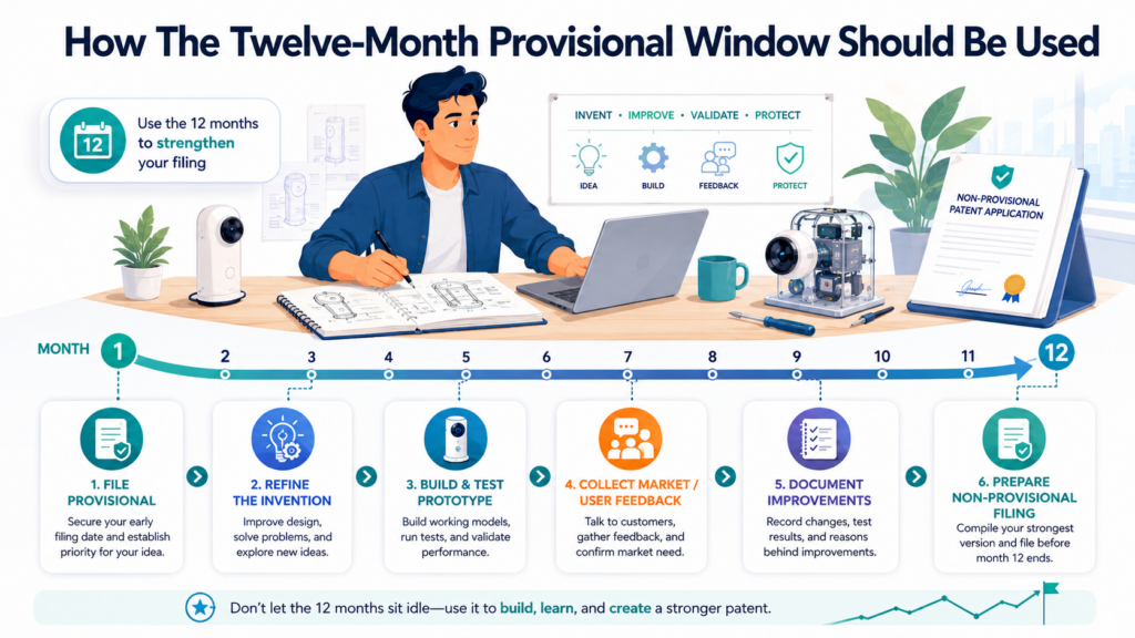 The twelve-month window after a provisional filing is not free time. It is strategy time. A provisional application is automatically abandoned twelve months after filing, and it is not examined.