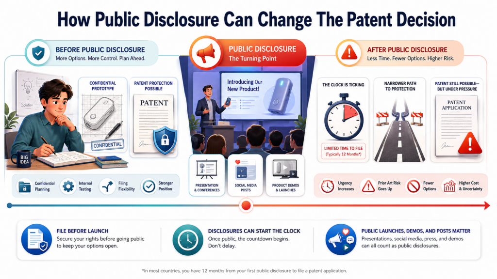 Public disclosure is one of the biggest reasons founders think about patents early. Startups grow by sharing. They pitch, launch, demo, recruit, publish, sell, and partner. But sharing technical details before filing can create risk.