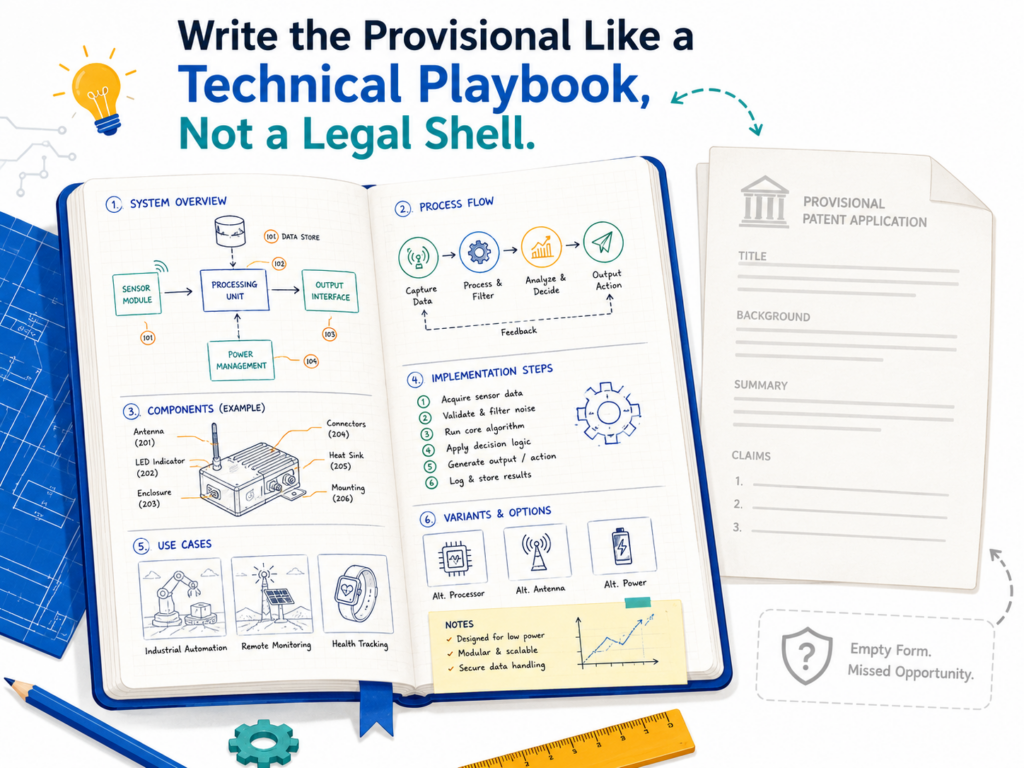 A strong provisional should feel like a clear technical guide. It should teach the invention. It should show the reader what the system does, what parts are involved, how those parts connect, what happens first, what happens next, and what can change without breaking the idea.